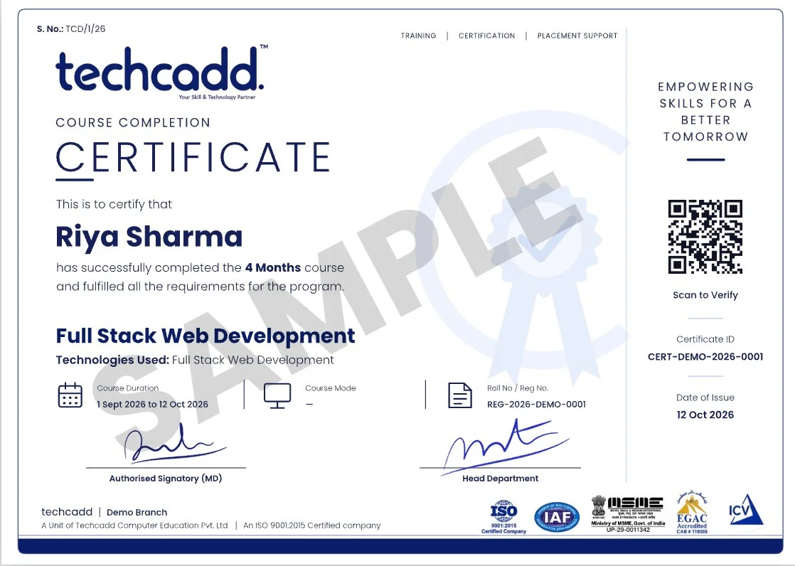 Sample techcadd course completion certificate
