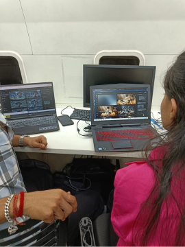 Two editing timelines side by side as a trainer talks a student through a cut