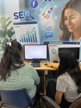 The digital marketing room, two students at a shared workstation